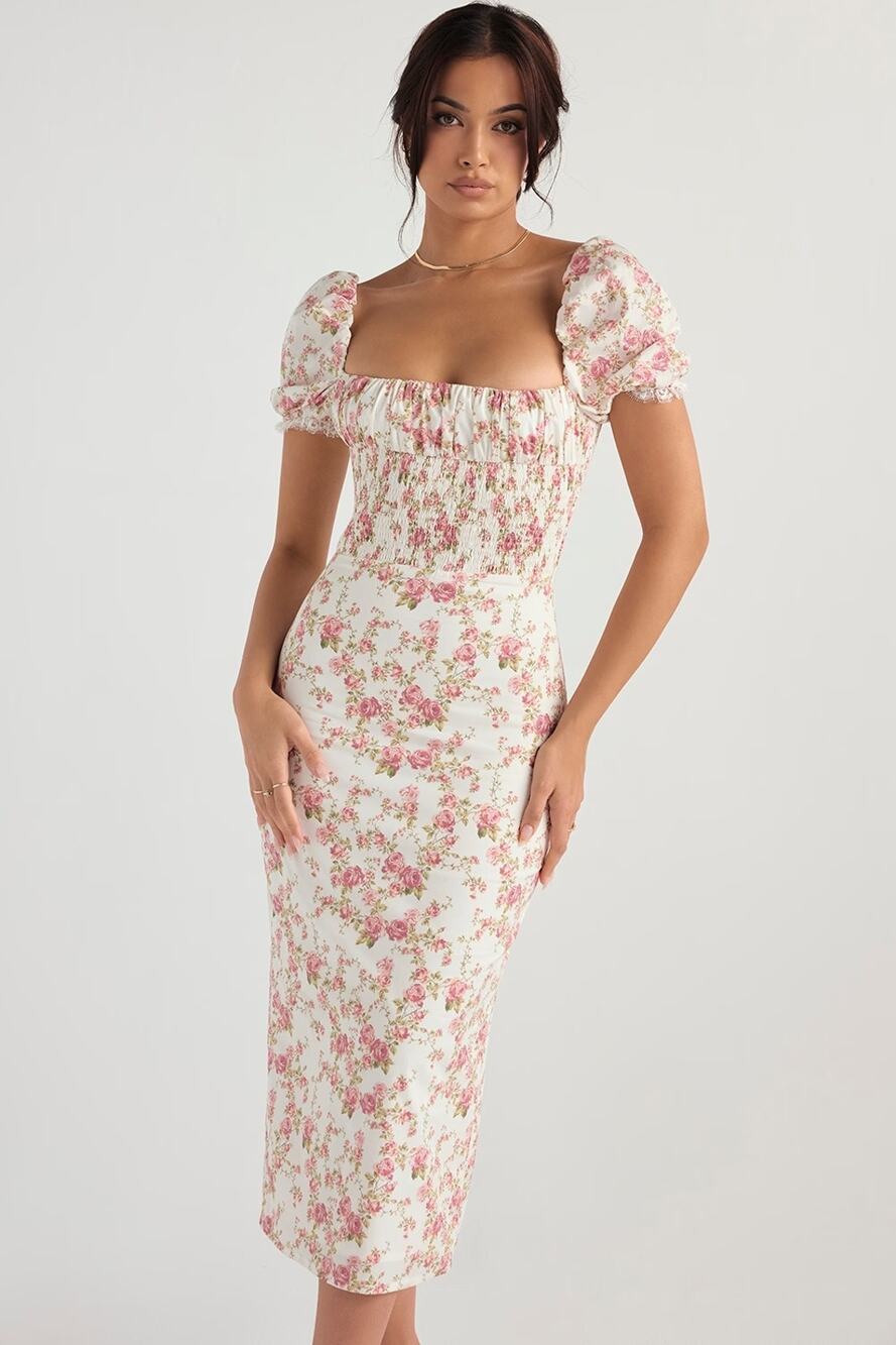 HOUSE OF CB Bellucci Rose Print Shirred Sundress Small Like New EUC
